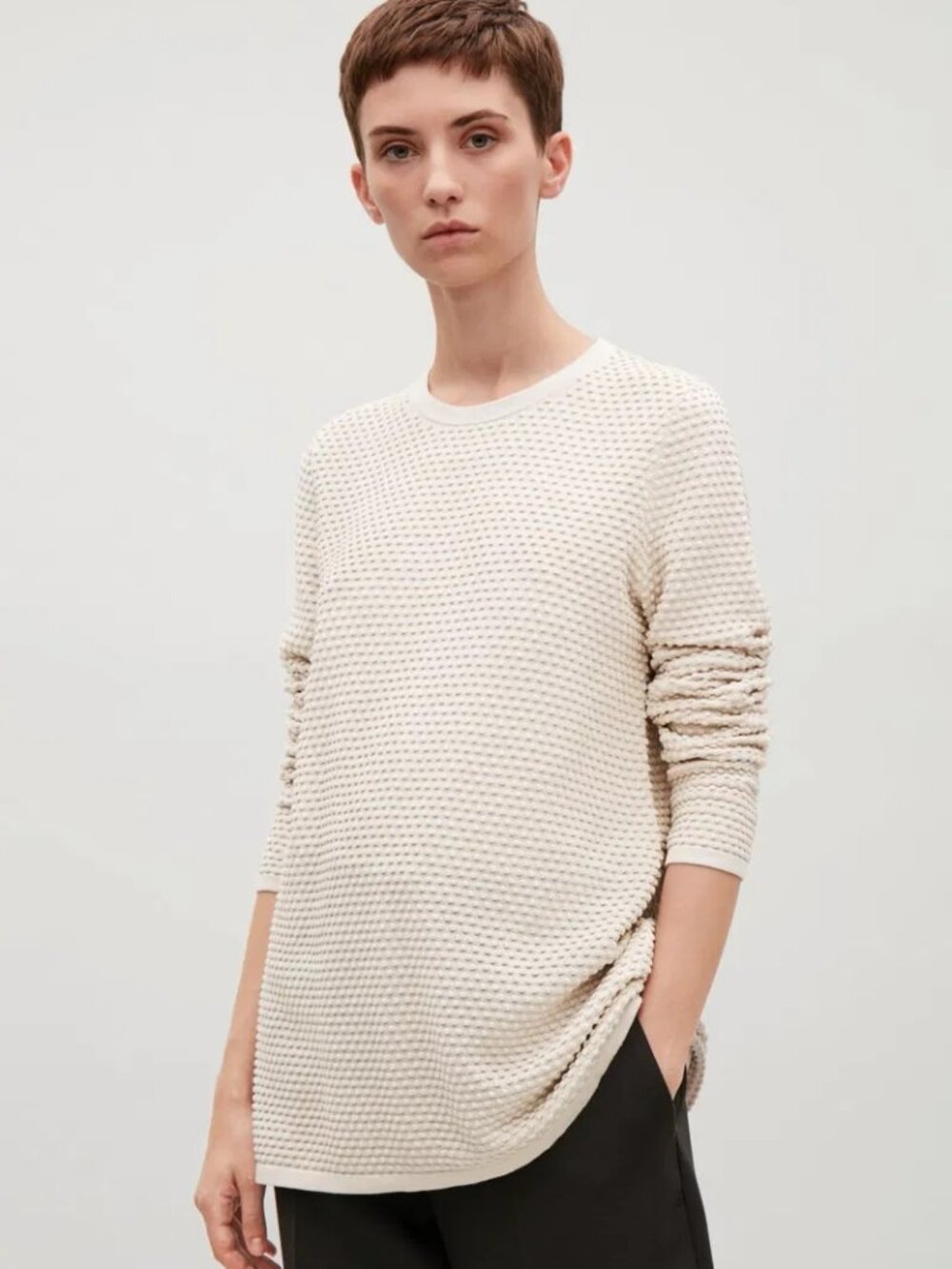 COS 100% Cotton Textured Knit Minimalist A-Line Cream Pullover‎ Sweater Size S